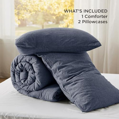 Bedsure PureWoven Cotton Comforter Set Prewashed, King, Denim Blue