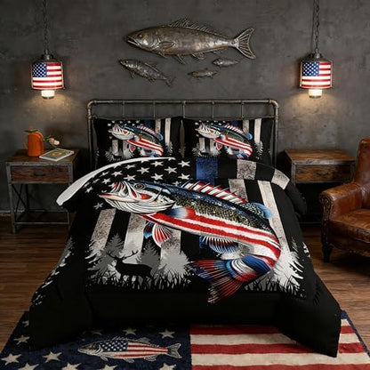 HOSIMA Soft Microfiber Black Twin Comforter with 2 Pillowcases,American Flag Striped Bass Pattern Twin Bedding Sets,Fishing Comforter Kids Men Boys Room Decor,Twin Bed in a Bag for Teens.