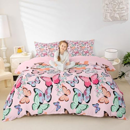 Girls Pink Bedding Set Cute Cartoon Butterfly Printed Comforter Cover Queen For Boys Kids Teens Soft Reversible Duvet Cover Colorful Butterfly s Pattern Bedspread Christmas Theme Quilt Cover