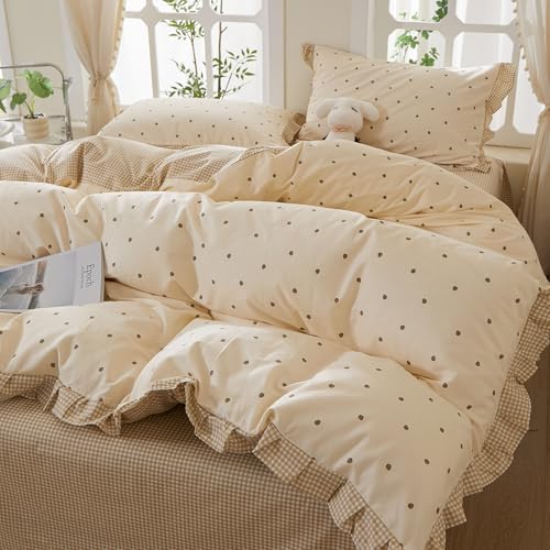 mixinni Floral Duvet Cover Set King Size – 100% Cotton 3-Piece Bedding Set with Ruffled Trim, Reversible Vintage Beige Gingham & Strawberry Print, Soft Aesthetic Duvet Cover with Zipper Closure
