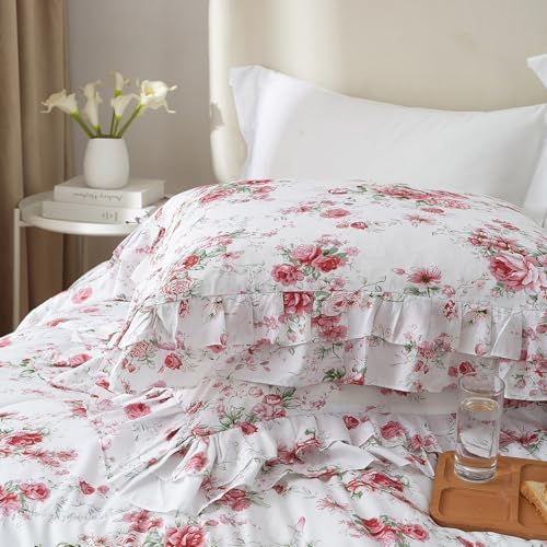 VM VOUGEMARKET Rose Flower Duvet Cover Set Queen Romantic Girls Ruffle Bedding Set Soft Microfiber Botanical Duvet Cover with 2 Pillow Shams