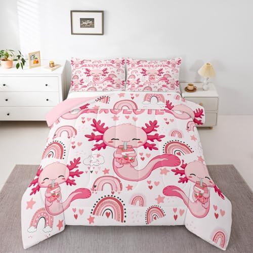 Manfei Cute Axolotl Kids Comforter Set Twin Size,Stars Rainbow Cartoon Bedding Set,Girls Boys Adults Room Decor,Strawberry Love Heart Romantic Down Comforter,Pink Kawaii Duvet Insert,1 Pillowcase