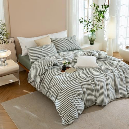 JIYUAN Super King Washed Cotton Duvet Cover Set, Linen-Like Stripe