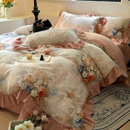 VM VOUGEMARKET Plush Pink Cotton Double Gauze Duvet Cover Set Queen Size,Garden Floral Print with Blush Pink Ruffle,Lightweight Breathable Cottagecore Garden Style Bedding Set-90x90