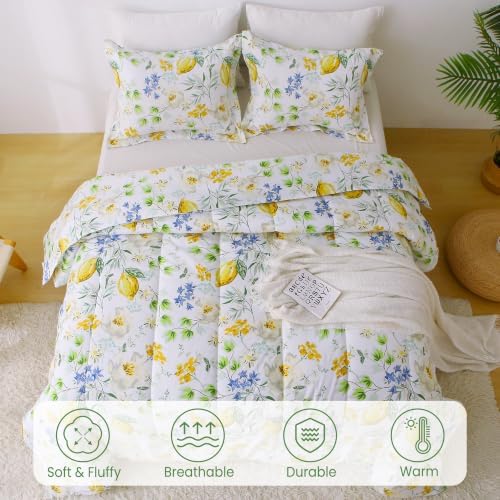 Mooreeke Floral Queen Size Comforter Sets, Lemon Blossoms Patterned Bed in a Bag for All Seasons, 3-Piece Farmhouse Rustic Bedding Set with Fluffy Quilted Reversible Comforter & 2 Pillow Shams