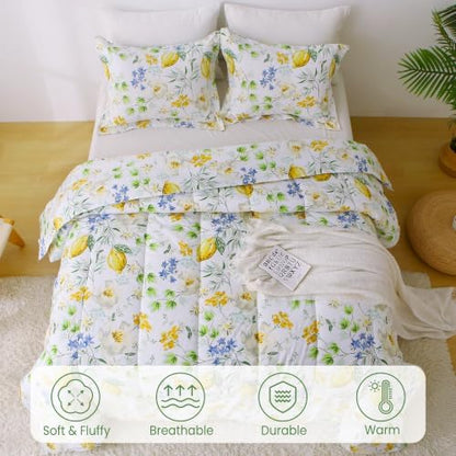 Mooreeke Floral Queen Size Comforter Sets, Lemon Blossoms Patterned Bed in a Bag for All Seasons, 3-Piece Farmhouse Rustic Bedding Set with Fluffy Quilted Reversible Comforter & 2 Pillow Shams