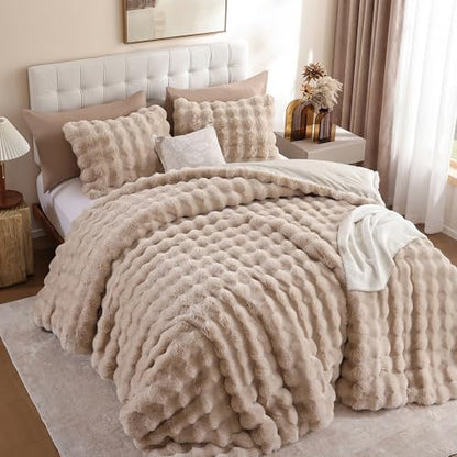 YIKUSH King Faux Fur Soft Comforter Set, Fluffy Linen Rabbit Fur Comforter