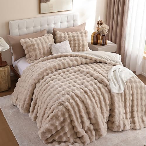 YIKUSH Twin Faux Fur Soft Comforter Set, Fluffy Linen Rabbit Fur Comforter