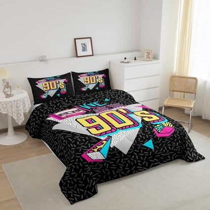 Manfei Memphis Comforter Set Queen Size, Retro 90s Fashion Style Quilt Set with 2 Pillowcases, Geometric Triangle Diamond Bedding Set 3pcs for Kids Boys Room Decor Lightweight Duvet Insert