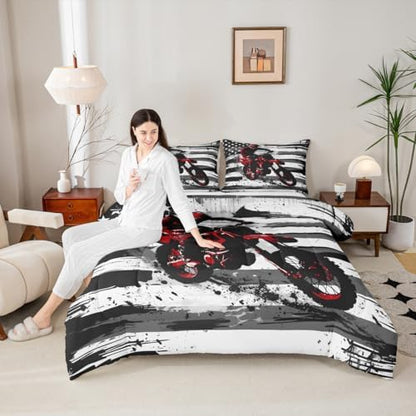 Feelyou Motocross Kids Comforter Set Twin American Flag Pattern Bedding Set Dirt Bike Duvet Quilt for Kids Boys Girls Bedroom Black and White Stripes Decor Motorbike Microfiber Soft Breathable