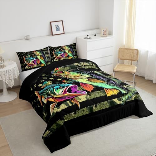 Castle Fairy Bass Fish Camouflage Comforter Set Twin,Pike Fish Camo Bedding Set for Women Men Room,Kids Farmhouse Fishing Decor Comforter Fishman Wild Quilt Set Down Comforter,Green Black