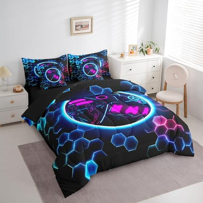 Erosebridal Bowling Games Comforter Sets with Sheets - Neon Ball Game Bedding Set King for Boys Girls Hexagon Honeycomb 7Pcs Bed in A Bag, Modern Geometric Bed Set