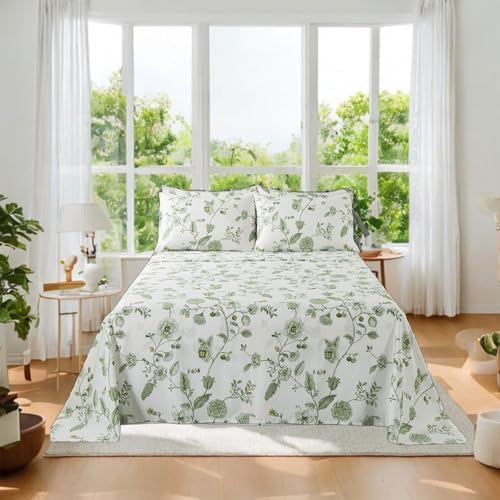 FADFAY California King Sheet Sets Premium Cotton Percale Green Floral