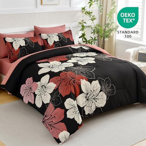 Luxudecor Floral Comforter Set King Size, 7 Pieces Bed in a Bag