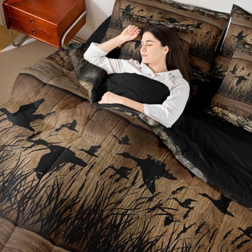 Erosebridal 7 Piece Mallard Duck Hunting Bedding Farmhouse Full Comforter Set with Sheets | Rustic Cabin Bed in A Bag for Kids Boys Teen Men,Brown Country Wooden Stone Bed Set Lodge Home Decor