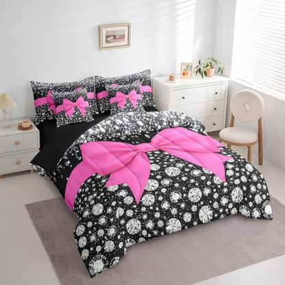 Hot Pink Bowknot Bed in a Bag King Size Comforter Set 7 Pieces,Cute Bow Knot Sheet Set,Kawaii Silk Ribbon Bedding Set,Glitter Sequin Print Diamond Bed Set Dreamy Princess Style Hot Pink Dorm Decor