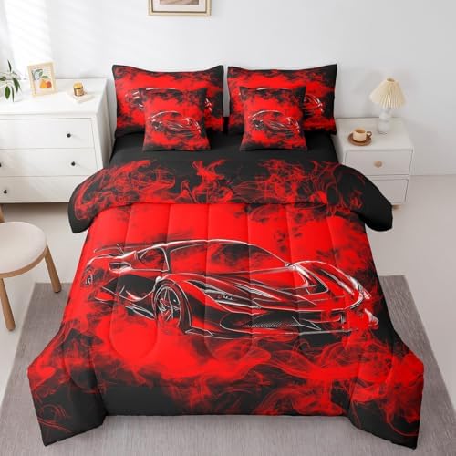 Feelyou Speed Sports Car Comforter Set with Sheets Twin Size Kids Smoky Race Car 7 Pieces Bedding Set for Boys Girls Teens Racing Car Bed in a Bag Breathable Extreme Sports Bed Set Black Red