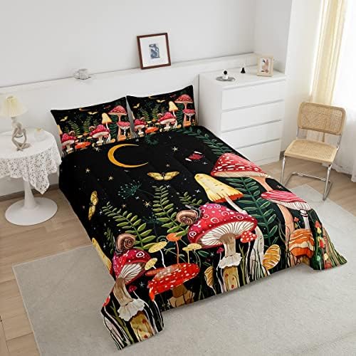 Feelyou Kids Mushroom Bedding Set Natural Wild Fungus Comforter Set for Kids Boys Girls Botanical Plants Duvet Set Butterfly Comforter 1 Comforter Set with 2 Pillowcases Queen Size