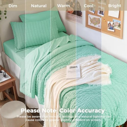 HYMOKEGE Mint Green Twin XL Comforter Set Seersucker 5 Pieces, All Season Luxury Bed in a Bag for Bedroom, Bedding Set with Comforter, Sheets, Pillowcase & Sham