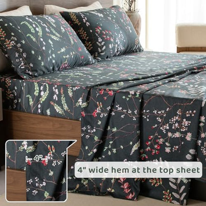 QSH Floral Egyptian Cotton Sheets King Size - Navy Floral Bedding Sheets Botanical Pattern Printed Bedding King Size Bed Sheets 17.5" Extra Deep Pocket 4pcs