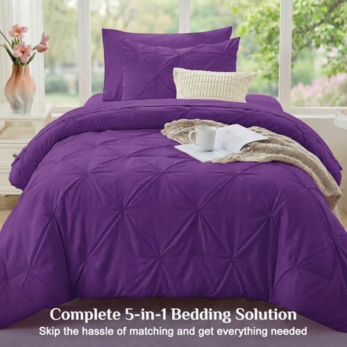 JOLLYVOGUE Twin Comforter Set 5 Pieces - Bed in a Bag Twin for All Season, Pintuck Bedding Comforter Sets with Comforter, Flat Sheet, Fitted Sheet and Pillowcases & Shams, Purple