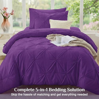 JOLLYVOGUE Twin Comforter Set 5 Pieces - Bed in a Bag Twin for All Season, Pintuck Bedding Comforter Sets with Comforter, Flat Sheet, Fitted Sheet and Pillowcases & Shams, Purple