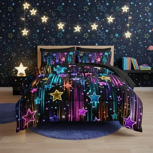 QOOMO Glitter Star 7 Pieces Comforter Set Full Size,Neon Star Bedding Set