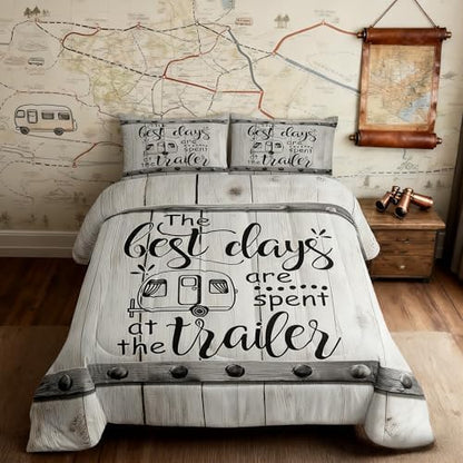 Camper Adventure Comforter Set Queen Size,Happy Camping RV Trailer Decor Bedding Set 3pcs for Kids Boys Girls Adults,Rustic Farmhouse Wood Door Down Comforter,Beige Retro Duvet Insert,2 Pillowcases