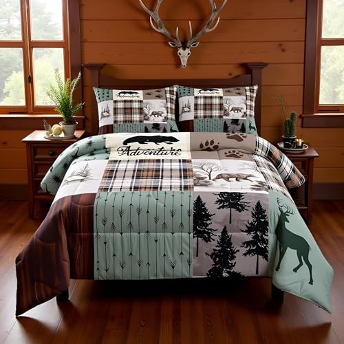 Rustic Farmhouse Kids Comforter Set Full Size,Deer Antlers Bear Animal Paws Plaids Patchwork Bedding Set for Boys Girls Room Decor,Pine Trees Arrows Down Comforter,Xmas Duvet Insert,2 Pillowcases