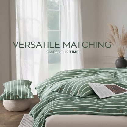 JELLYMONI Cotton Duvet Cover Full Size - Green Striped Comforter Cover with Button 100% Washed Cotton 3PCS Breathable Soft Solid Bedding Set Duvet Cover 80×90in & 2 Pillowcases (NO Comforter)