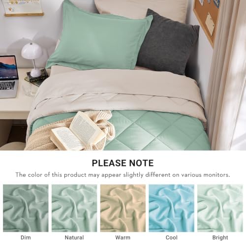 MUXHOMO 5 Pieces Twin XL Comforter Set, Reversible Bed in a Bag Twin XL Size, All Season Bedding Set with Comforter, Flat Sheet, Fitted Sheet, Pillowcases & Shams, Sage Green & Beige