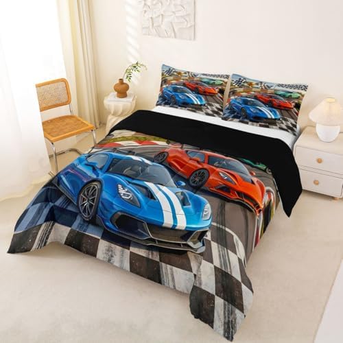 Feelyou Boys Race Car Bedding Set Soft for Boys Girls, Speed Sports Car Comforter Set Full Size Racing Extreme Sports Duvet Quilt Microfiber Automobile Bedroom Decor 3 Pcs with 2 Pillow Cases