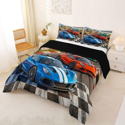 Feelyou Boys Race Car Bedding Set Soft for Boys Girls, Speed Sports Car Comforter Set King Size Racing Extreme Sports Duvet Quilt Microfiber Automobile Bedroom Decor 3 Pcs with 2 Pillow Cases