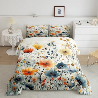 jejeloiu Boho Floral Comforter Set Full Size Kids Coloful Flower Bedding Set for Boys Girls Teens Botanical Duvet Breathable Blossom Plant Aesthetic Quilt Bedroom Decor,1 Comforter with 2 Pillowcase