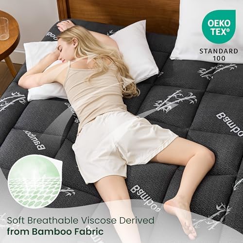 Love's cabin Full Size Mattress Topper Viscose Derived from Bamboo, Thick Pillow Top Mattress Pad with Stretchable Pockets for 8"-20" Mattress, Soft Cooling Mattress Topper for Hot Sleepers, Black