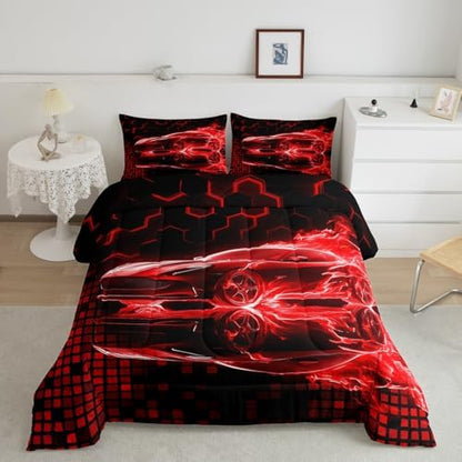 Feelyou Race Car Flame Comforter Set for Kids Boys Teens King Size Speed Sports Bedding Set Ultra Soft Honeycomb Duvet Quilt Cool Modern Grid Comforter Bedroom Decor Extreme Sports Duvet Quilt