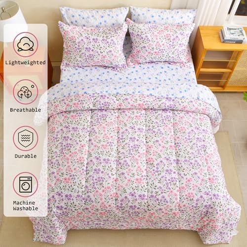 lasoftan Floral Queen Comforter Set with Sheets, 7 piece Luxury Vintage Bedding, Soft Microfiber Bed in a Bag, Cozy Lightweight Bed Set, Purple Flower Green Leaf