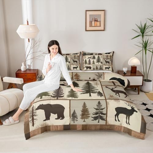 jejeloiu Bear Bedding Set Soft for Boys Girls, Deer Hunting Comforter Set Full Size Wild Animal Duvet Quilt Microfiber Bedroom Decor 3 Pcs with 2 Pillow Cases
