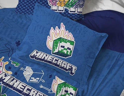Minecraft Creeper Full Size Comforter Set 7 Piece Kids Bedding, Blue