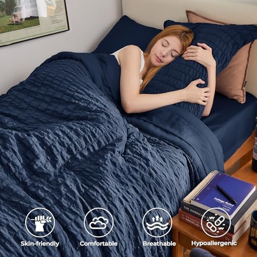 HYMOKEGE Navy Blue Twin XL Comforter Set Seersucker 5 Pieces, All Season Luxury Bed in a Bag for Bedroom, Bedding Set with Comforter, Sheets, Pillowcase & Sham