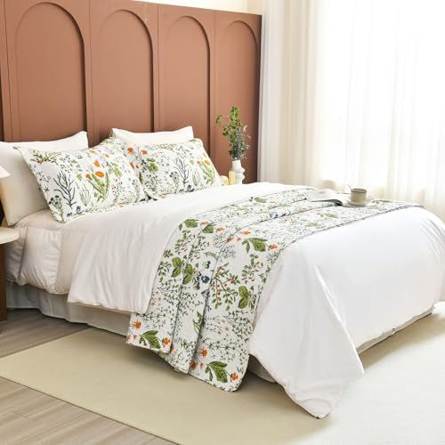 Lady Ann 100% Cotton Floral King Quilt Set - Yellow Flowers & Leaves Pattern Plant Botanical Printed Quilted Bedding, 3 Pcs Lightweight Extra Soft King Bedspread Coverlet Set for All Season