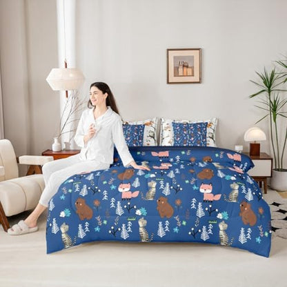Erosebridal King Size Boys Blue Bear 7 Piece Kids Comforter Set Cartoon Animal Bedding Set for Child Nursery Fox and Cat Wild Animals Sheets Woodland Animals Quilt Wildlife Botanical Duvet Insert