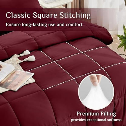 JOLLYVOGUE Twin Comforter Set, Ultra-Soft Bed in a Bag Twin Size 5 Pieces, Oeko-TEX Certified Bedding Set with Down Alternative Comforter, Sheets, Pillowcases & Shams, Burgundy
