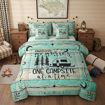 Erosebridal 7 Pieces Rv Camper Bed Set King Happy Camping Comforter and Sheets - Country Rustic Farmhouse Bed in A Bag for Kids Teens Adult,Vintage Wooden Barn Door Comforter Green Bedding Sheet Set
