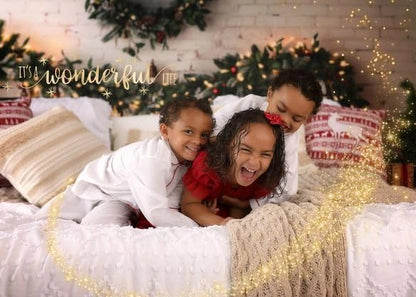 Kate Christmas Headboard Backdrop for Photos White Brick Wall Photography Backdrop Rustic Portrait Backgrounds for Family Session, 10x6.5ft