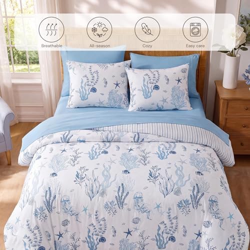 BLOOMHAVEN King Size Comforter Set-7 Pieces Coastal Blue Bed in a Bag King