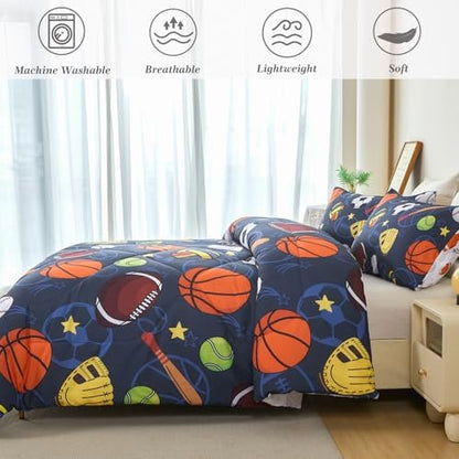 RYNGHIPY Boys Queen Bedding Set 3 Pieces Sport Themed Comforter Set for Kids Teens Breathable Soft Bed Quilt Set with Soccer Basketball Football Baseball Tennis Print Decor (Navy-Ball, Queen)