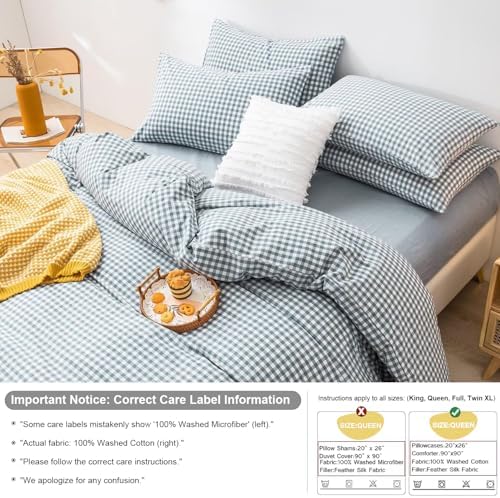 mixinni Blue Gingham Comforter Set Queen, Plaid Comforter Set 3 Pieces 1 Blue Grid Comfoter with 2 Pillow Cases for All Seasons, Soft Fluffy Modern Grid Pattern Printed Bedding-Queen Size