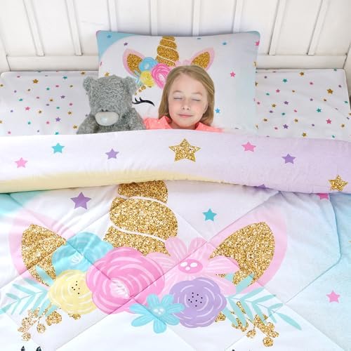 Cokouchyi Full Size Comforter Set for Girls, 6-Piece Bed in a Bag, 3D Colorful Unicorn Bedding Comforter Sheet Set, Ultra Soft and Fluffy, Pink & Rainbow Color