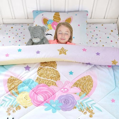 Cokouchyi Full Size Comforter Set for Girls, 6-Piece Bed in a Bag, 3D Colorful Unicorn Bedding Comforter Sheet Set, Ultra Soft and Fluffy, Pink & Rainbow Color